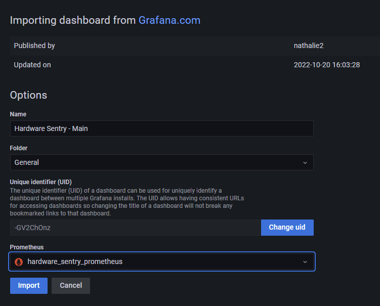 Grafana Dashboards - Importing the Hardware Sentry - Main Dashboard