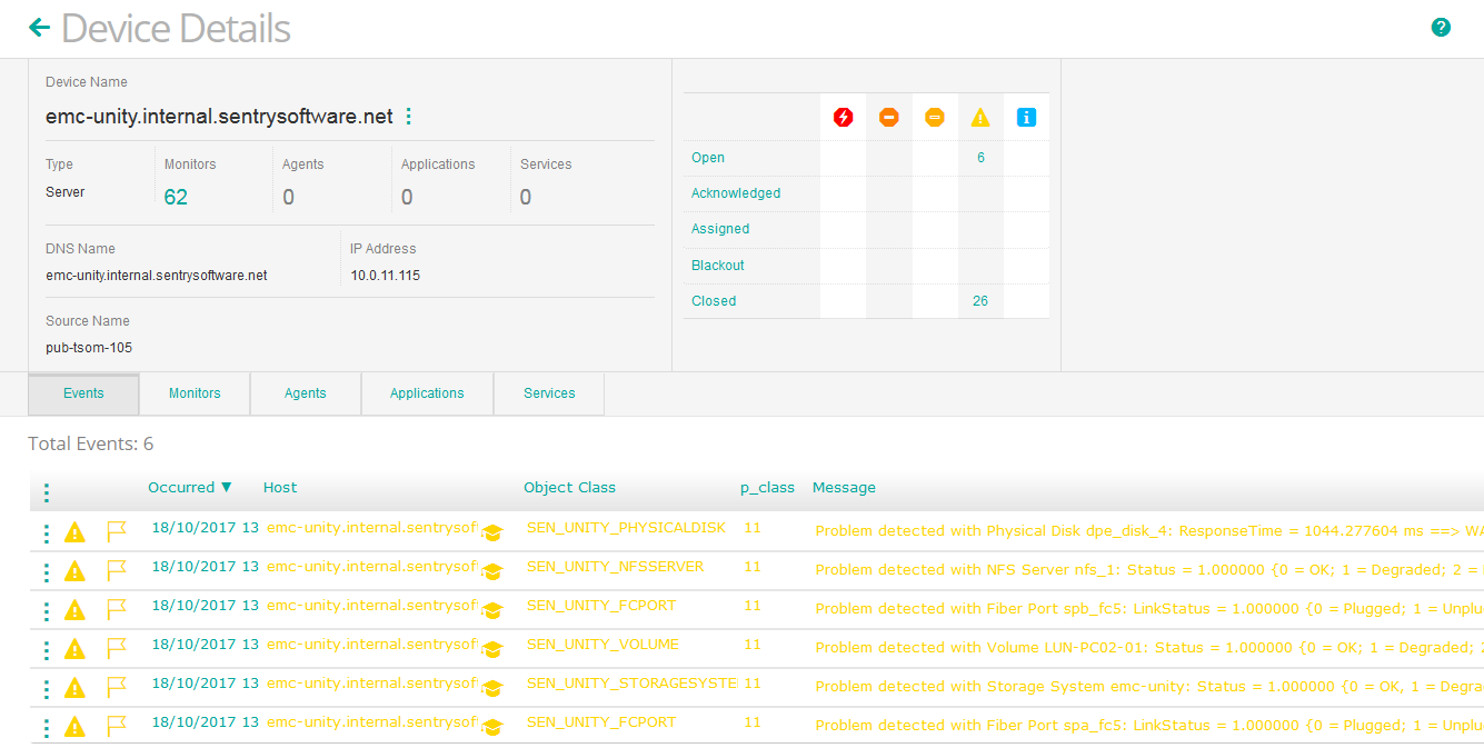 Viewing the Dell EMC Unity Device Events in TrueSight