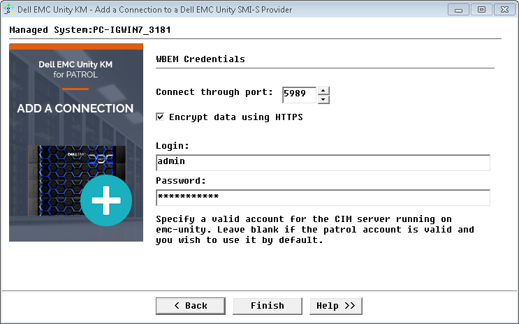 Adding a connection to an Dell EMC Unity SMI-S provider