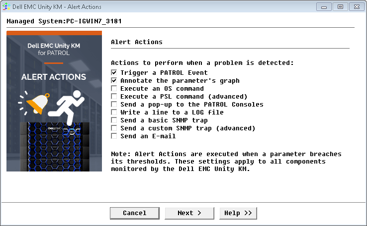 Editing Alert Actions — Selecting Parameters