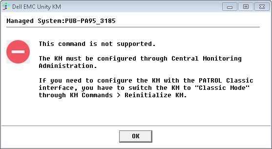 Error Message for Disabled KM Configuration Menus