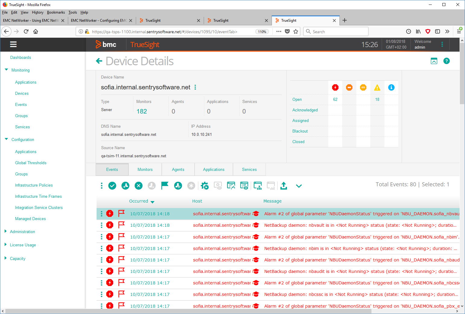 Viewing the EMC NetWorker Device Events in TrueSight