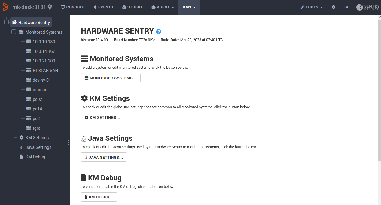 Hardware Sentry KM Monitored System page in Monitoring Studio Web Console