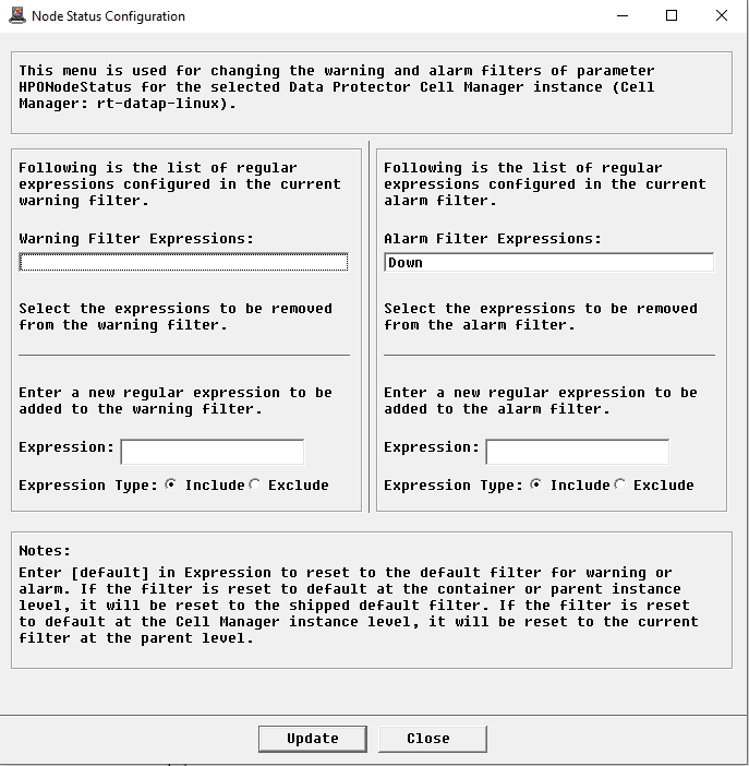 Node Status Configuration dialog