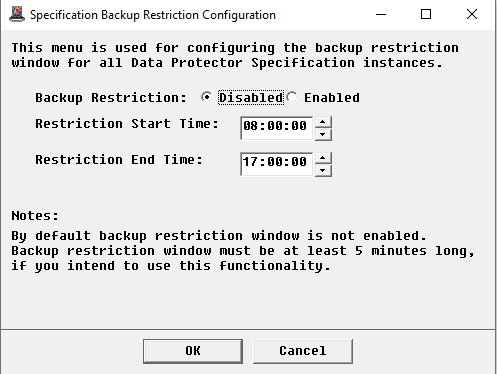 Specification Backup Restriction Window