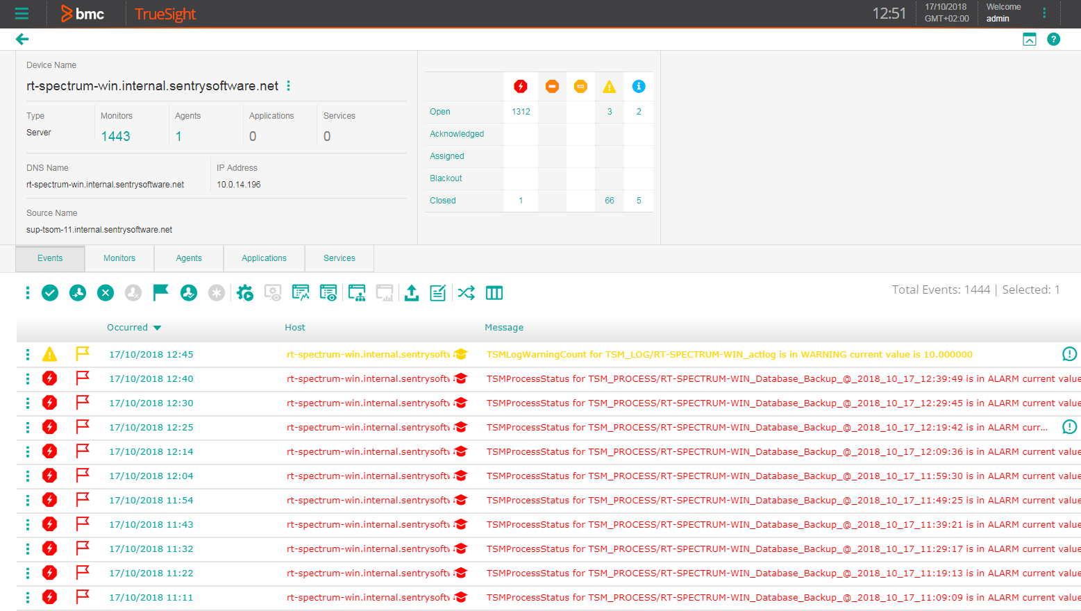 Viewing the IBM Spectrum Protect Device Events in TrueSight
