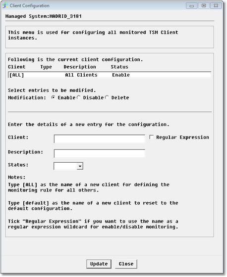 Clients Configuration dialog