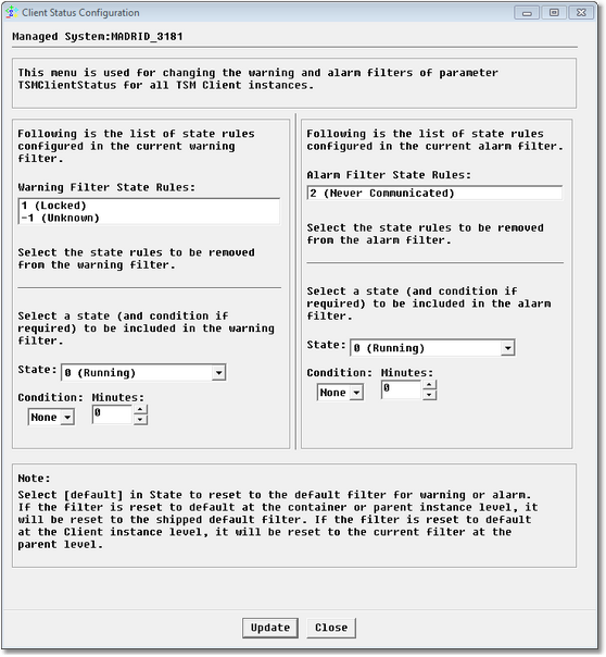 Client Status Configuration dialog