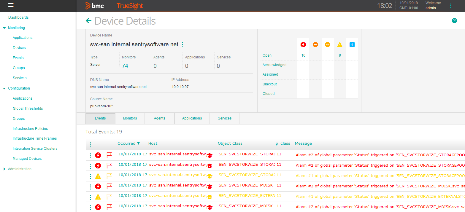 Viewing the IBM SVC-Storwize Device Events in TrueSight