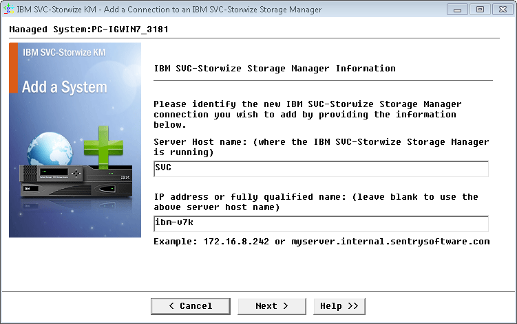 Adding a Connection to an IBM SVC-Storwize Storage Manager