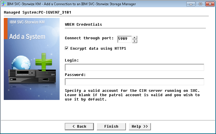 Adding a Connection to an IBM SVC-Storwize Storage Manager