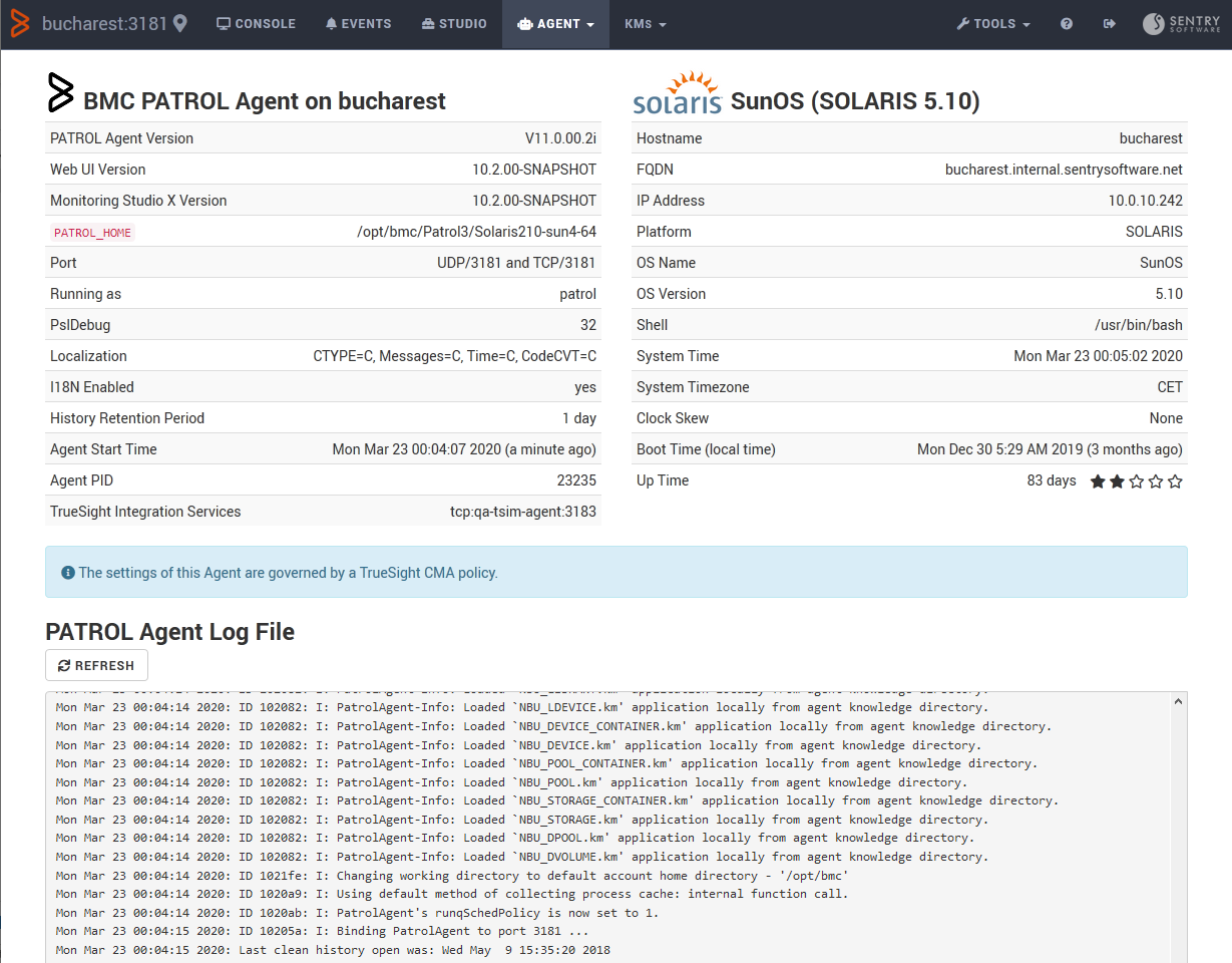 Monitoring Studio X Agent Information Page