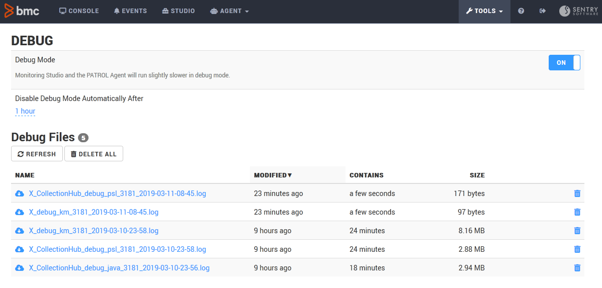 Monitoring Studio X Tools: Debug page