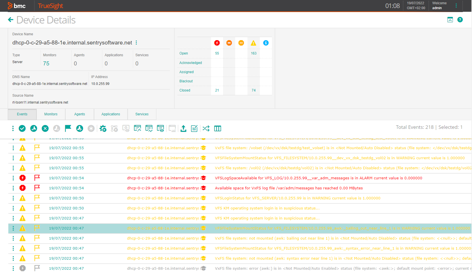 Viewing the Veritas File System Device Events in TrueSight